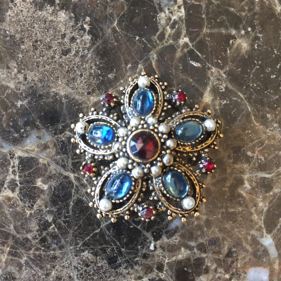 Art Jewelry - VTG Blue Red Stones & Pearl Brooch